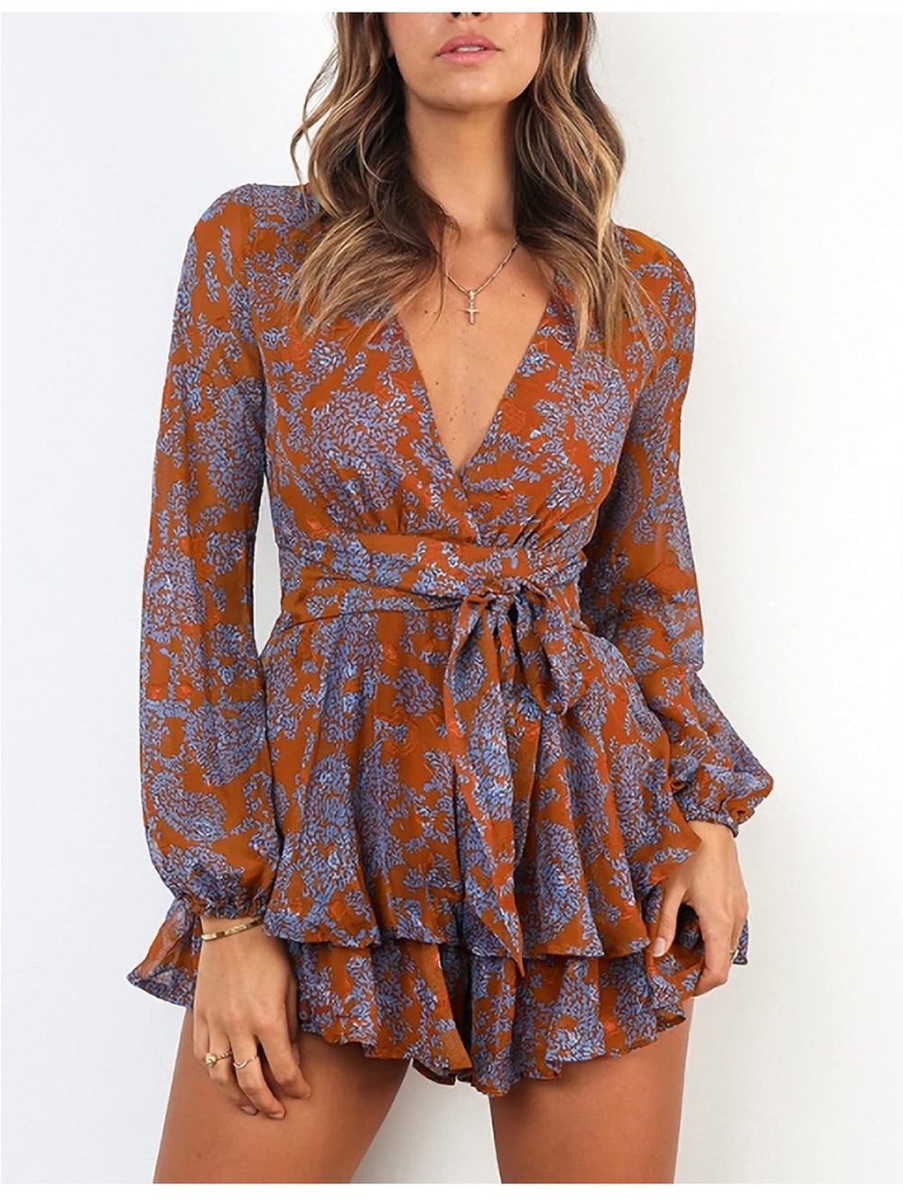 Rust Floral Wrap Mini Dress with Tie Waist
